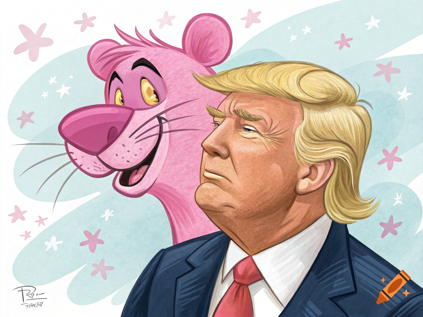 A caricature illustration shows a stern-faced Donald Trump in profile, with a smiling Pink Panther peering over his shoulder. The background is light blue with pink and white stars.