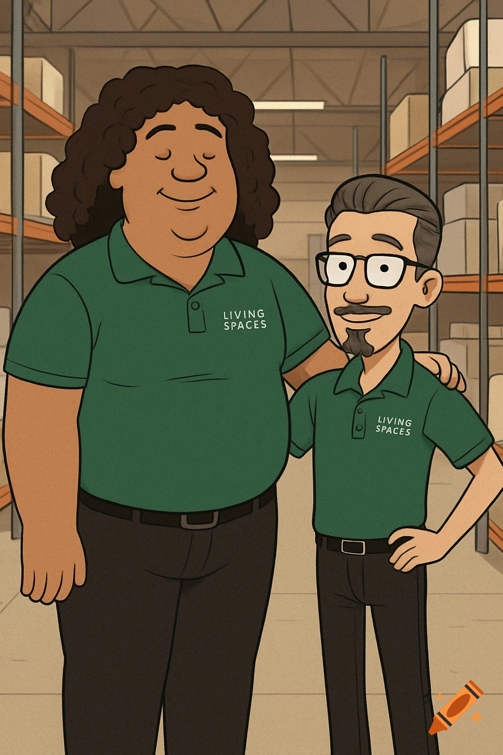 Two cartoon men in green 'Living Spaces' uniforms stand in a warehouse with shelves of boxes.