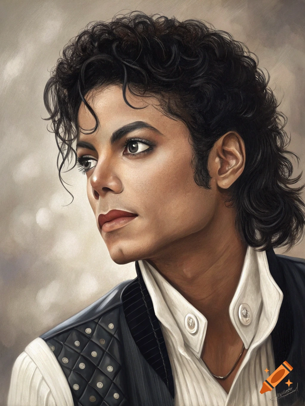 A realistic portrait of Michael Jackson, looking off to the left, wearing a white ruffled shirt and a dark vest.