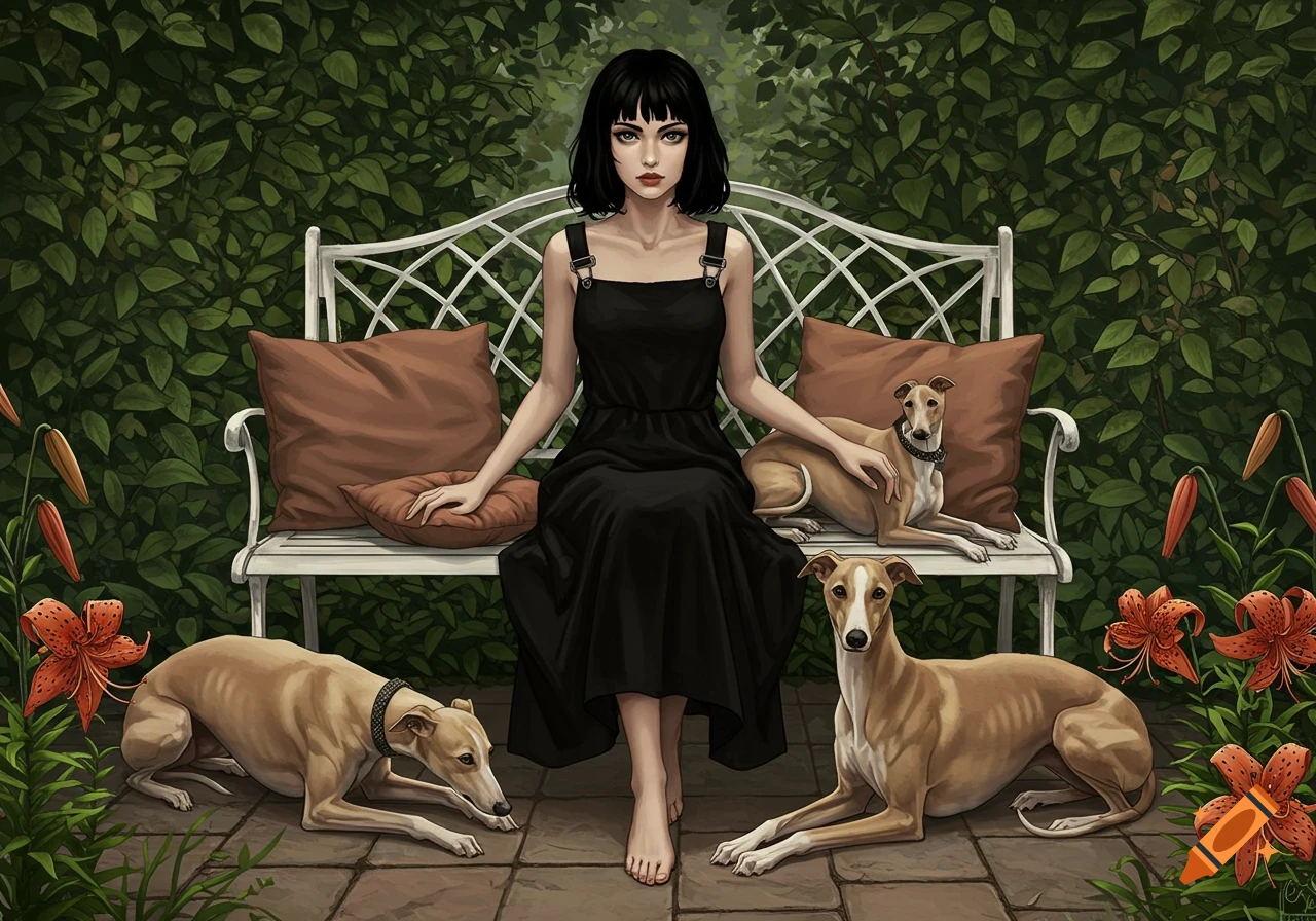 A black-haired woman in a black dress sits on a white bench with three whippet dogs in a lush garden with orange tiger lilies, digital painting.