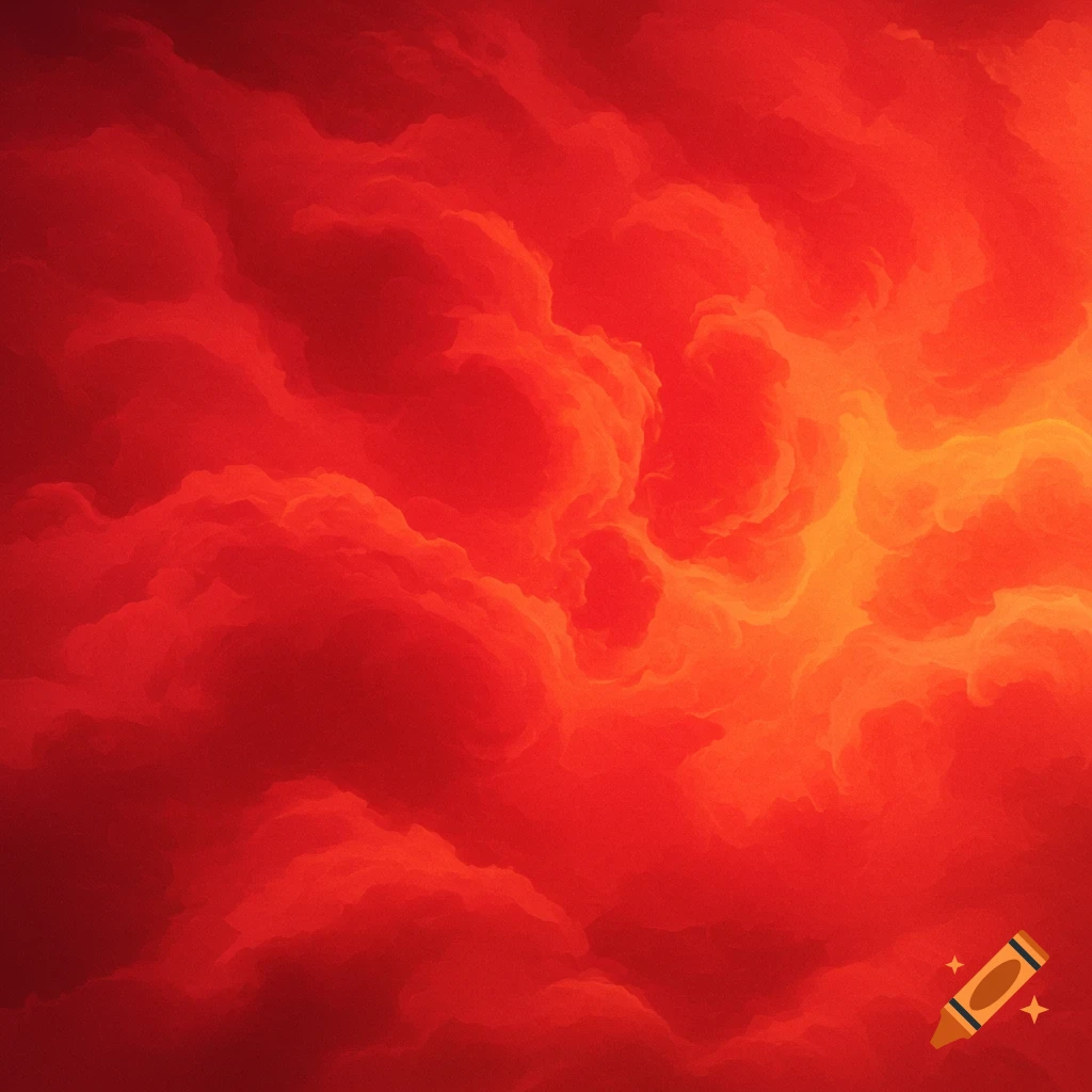 Abstract vibrant red and orange swirling cloud formations, resembling mist or smoke.