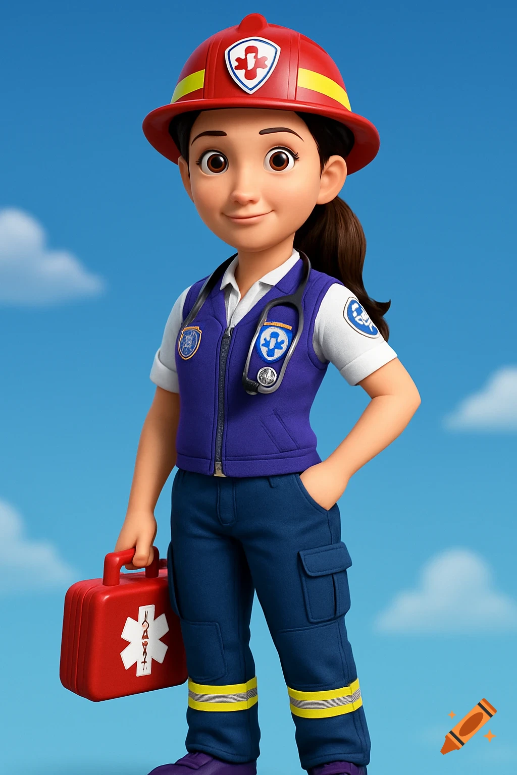 CGI animation of a young woman in a purple vest, white shirt, and blue pants, wearing a red firefighter helmet and holding a red EMT kit.