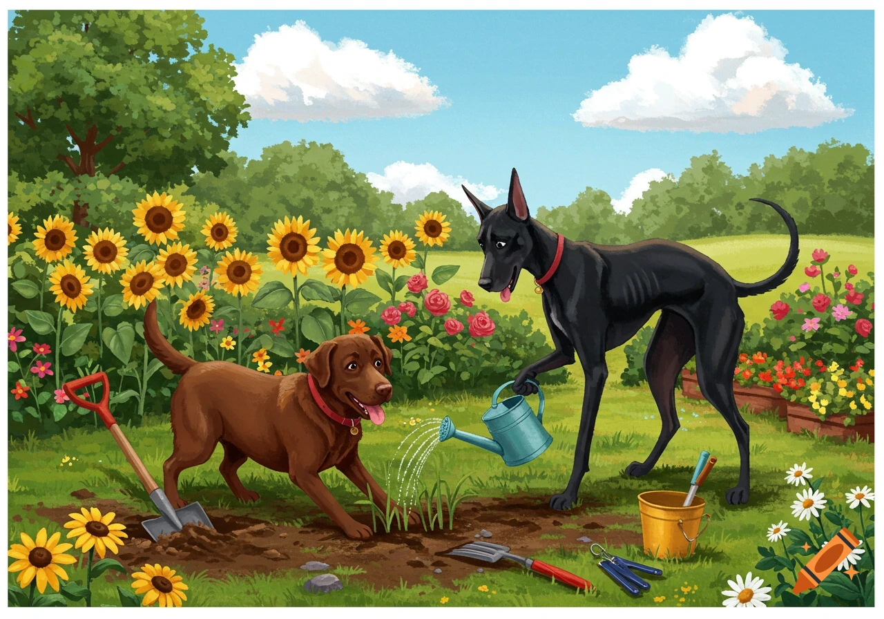 An illustration of a chocolate lab digging while a black Great Dane mix waters plants in a sunny garden with sunflowers and roses.