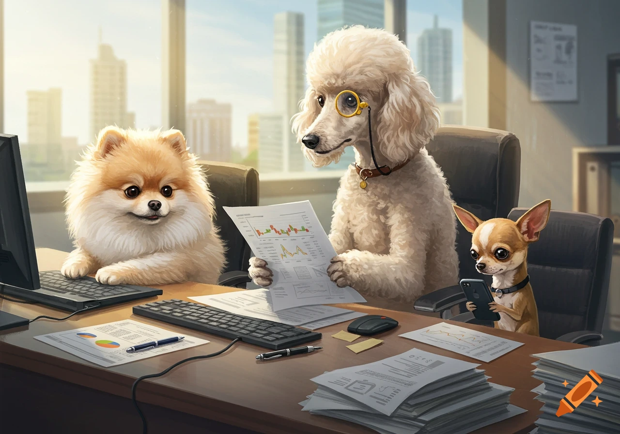 A Pomeranian, a poodle wearing a monocle, and a chihuahua sit at an office desk with papers and computers.