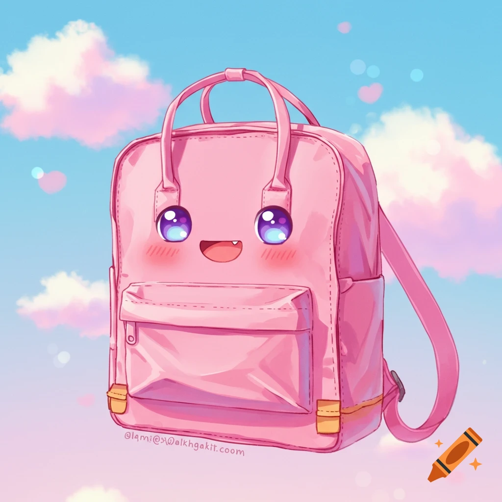 A cute pink anime backpack with large eyes and a smile floats in a blue sky with pink clouds.