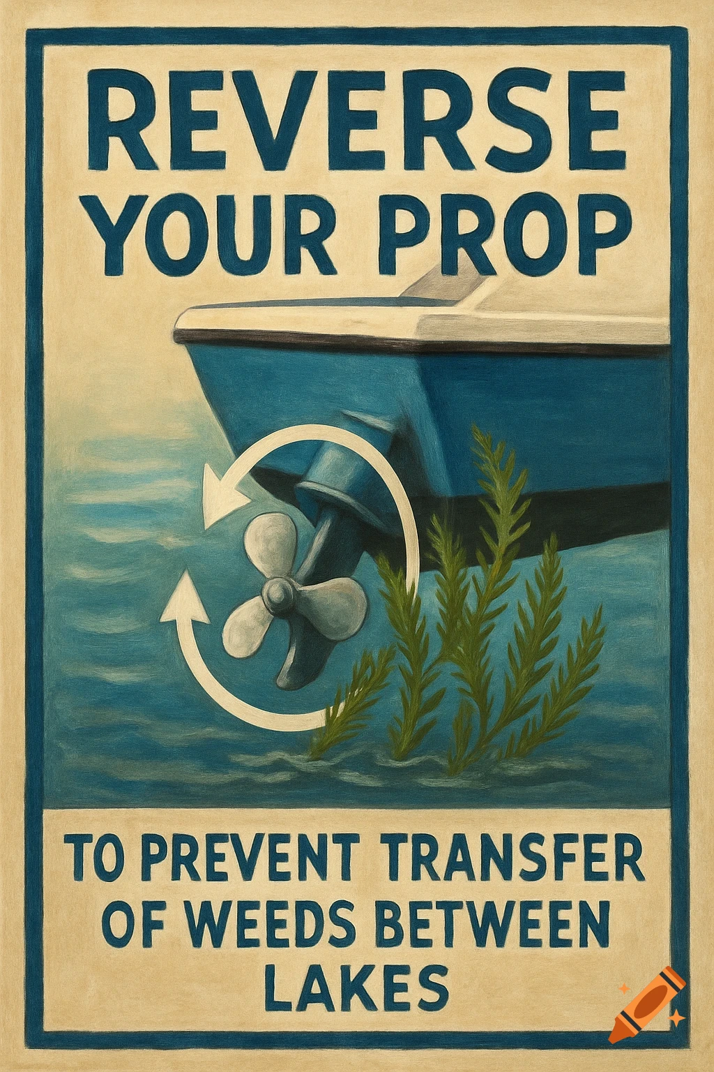A vintage-style informational poster shows a boat propeller in water with weeds, with text instructing to reverse the prop to prevent weed transfer between lakes.