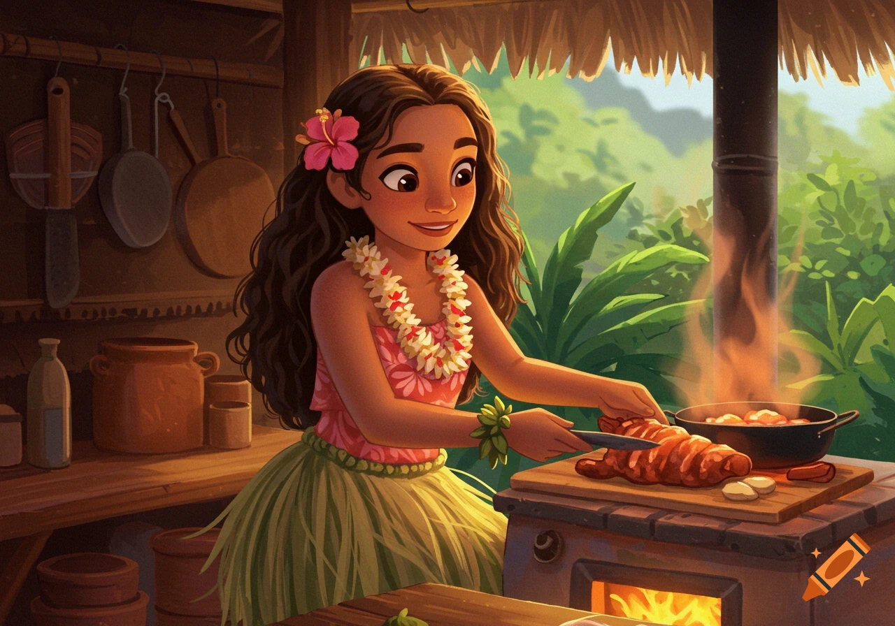 A smiling cartoon Hawaiian girl with long brown hair, wearing a lei and grass skirt, cooks food on a stove in a rustic hut.