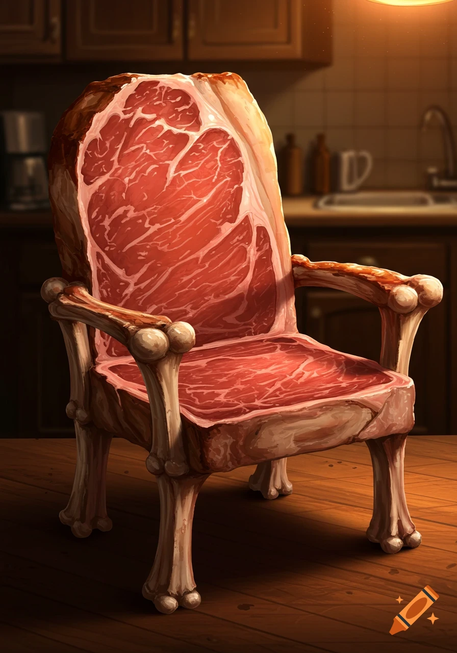 A chair made of raw red meat with bone armrests and legs, sitting on a wooden floor in a kitchen.