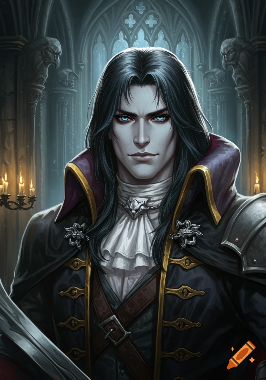 Digital art of a pale male vampire with long black hair and bright blue eyes, dressed in ornate gothic attire in a dark castle.