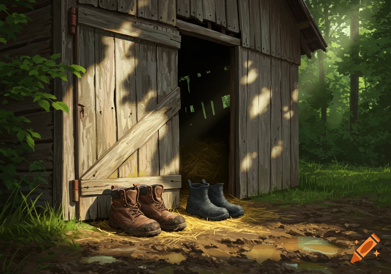 Two pairs of muddy boots, brown and black, sit on hay and mud outside an old wooden barn door in a sunlit forest.