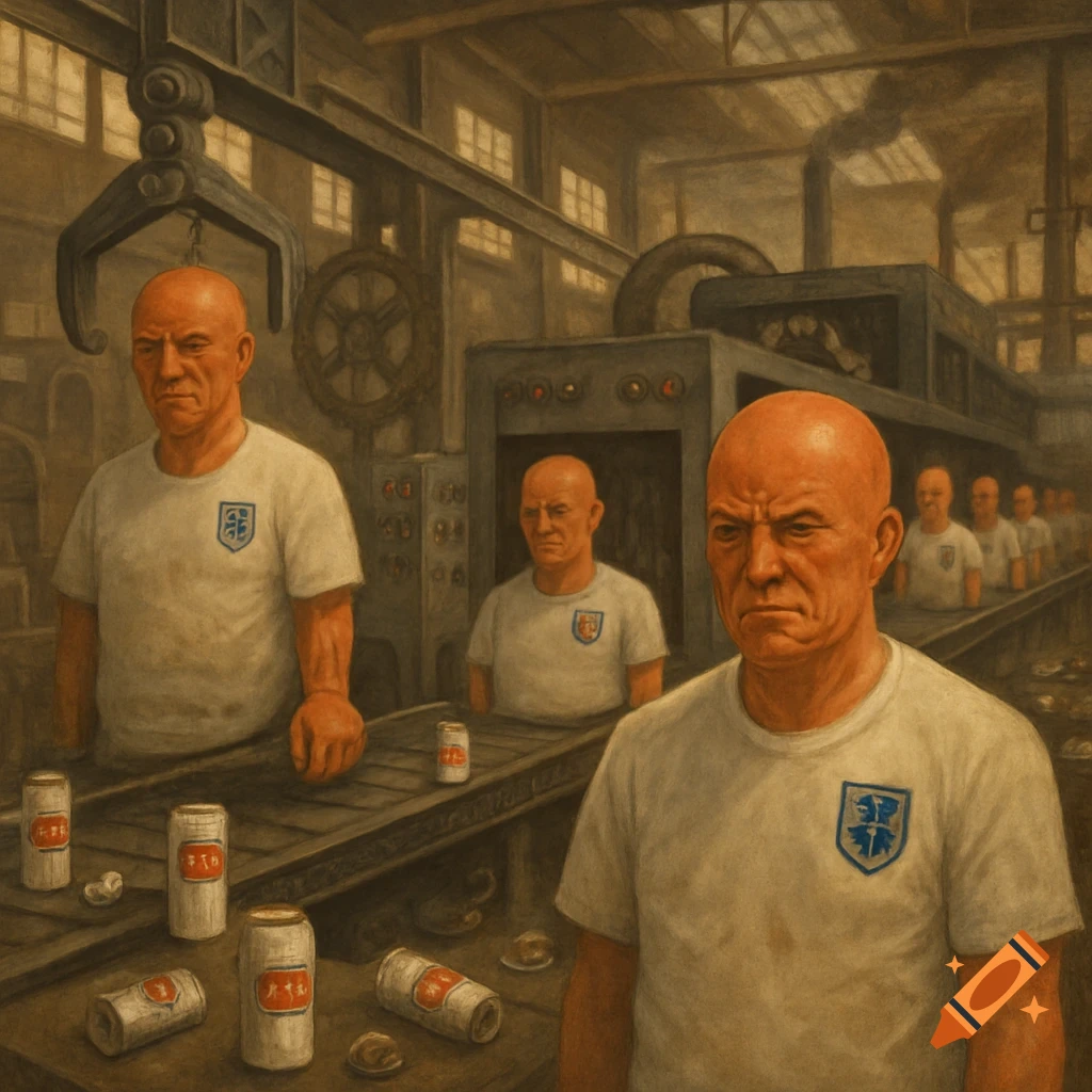 A dark, painterly image depicting bald, sunburnt men on a factory floor with cans on a conveyor belt.