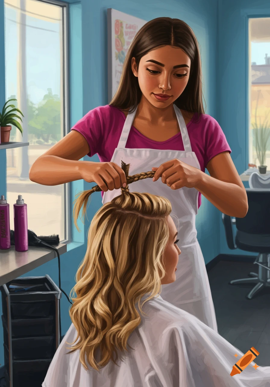 A woman with dark hair in a pink shirt and white apron braids the blonde hair of a client in a hair salon, in an illustrated style.