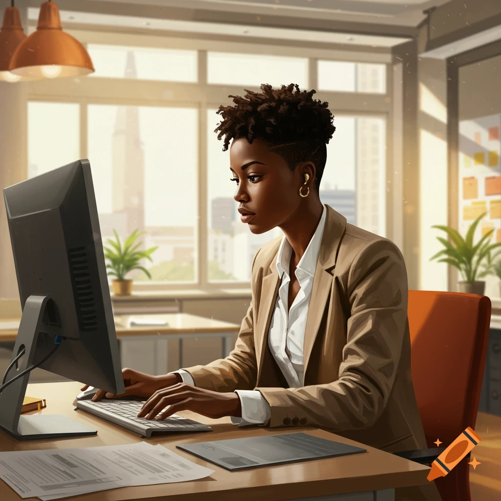 An African American woman with short, curly hair and a shaved side, wearing a beige blazer, works at a desktop computer in a sunlit office.