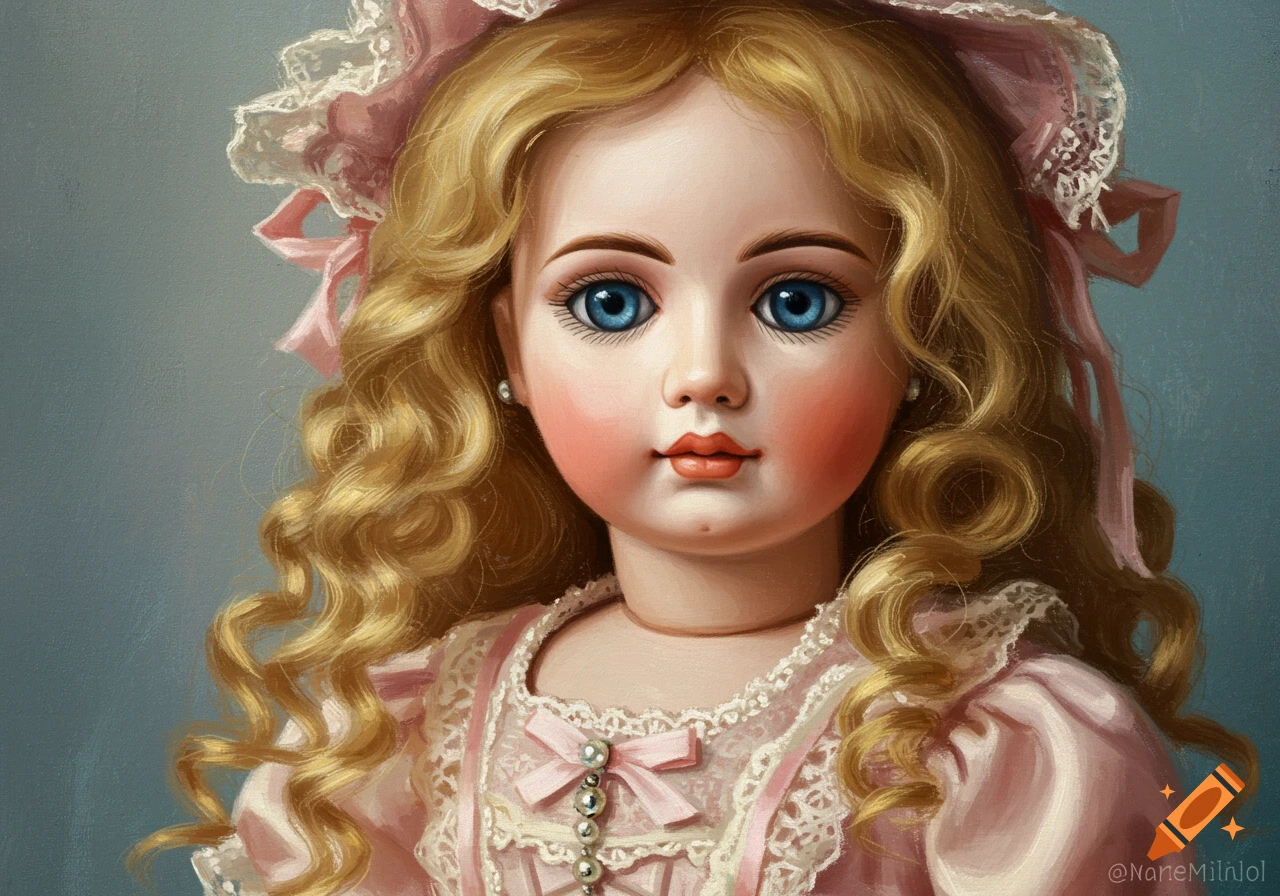A close-up portrait painting of an antique-style doll with blue eyes and blonde curly hair, wearing a pink dress and bonnet.
