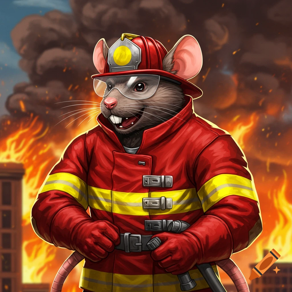 A cartoon anthropomorphic rat firefighter in a red uniform and helmet stands against a backdrop of a burning building and smoke.