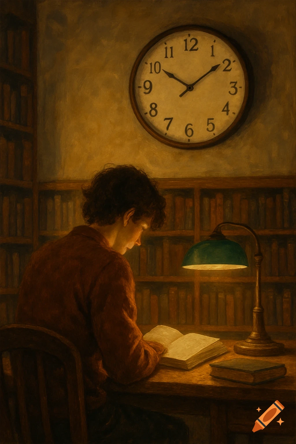 A person reads a book at a desk in a dimly lit library, with a large clock on the wall above.