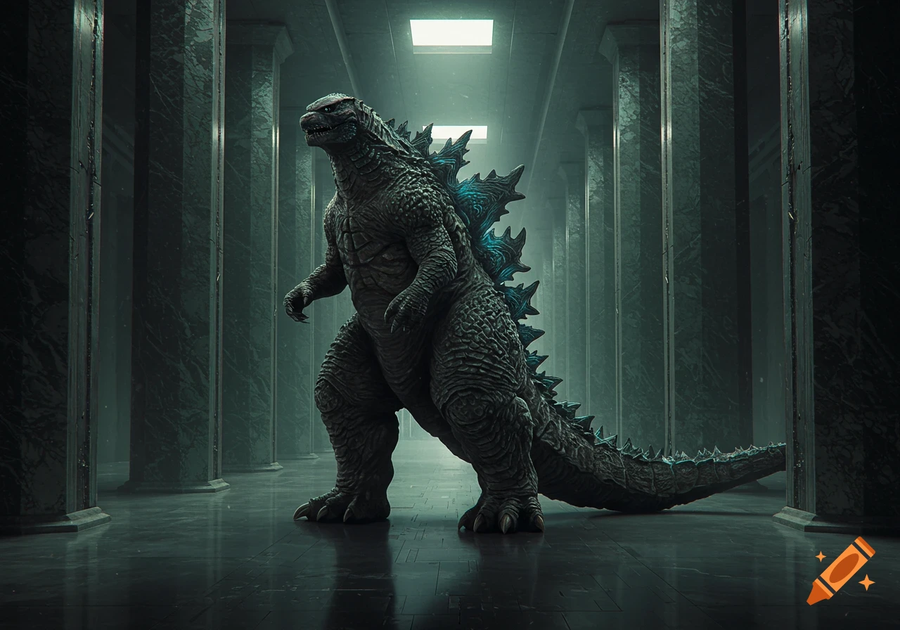Photorealistic image of Godzilla standing in a dimly lit, grand hallway with tall pillars.