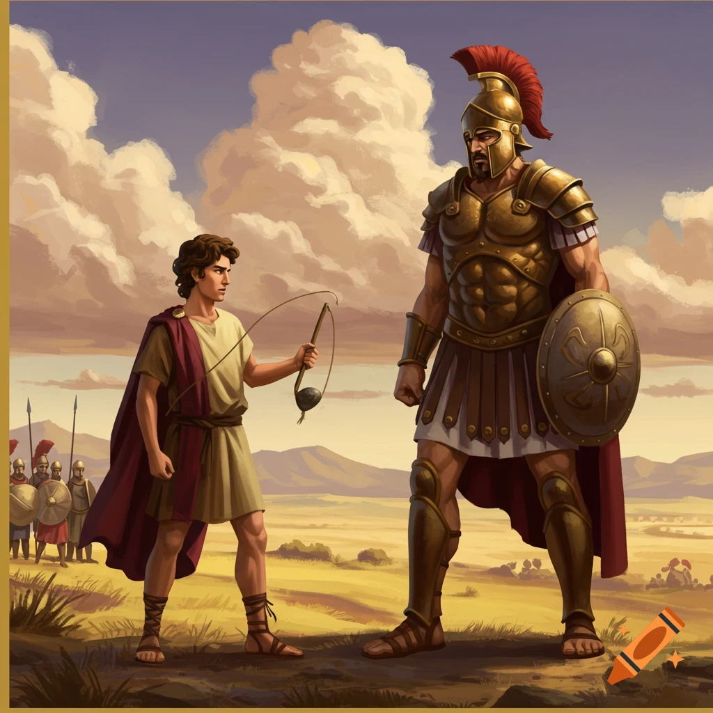 Illustration of David, a young man with a sling, facing the giant Goliath on a field.