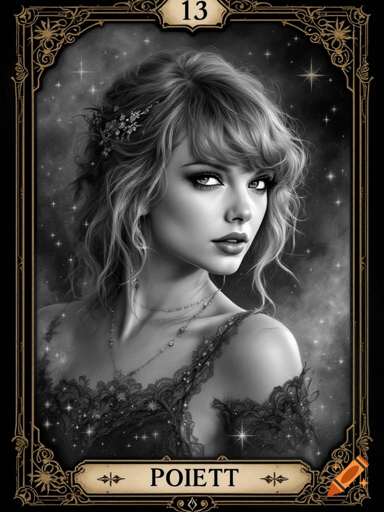 Black and white portrait of a woman, resembling Taylor Swift, within an ornate tarot card frame with the number 13 at the top and "POIETT" at the bottom.