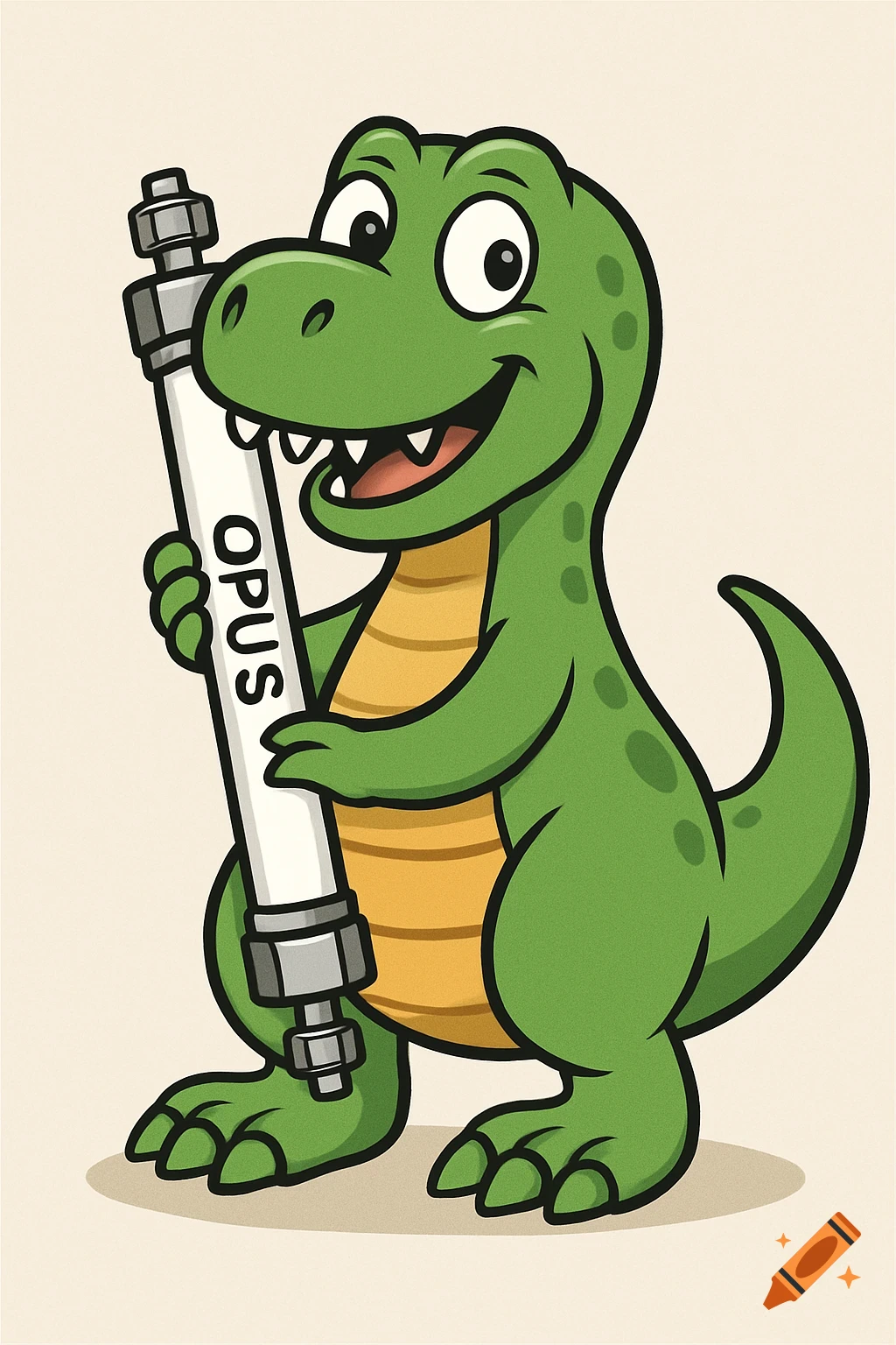 A cartoon green dinosaur with a happy expression holds a white chromatography column labeled "OPUS".