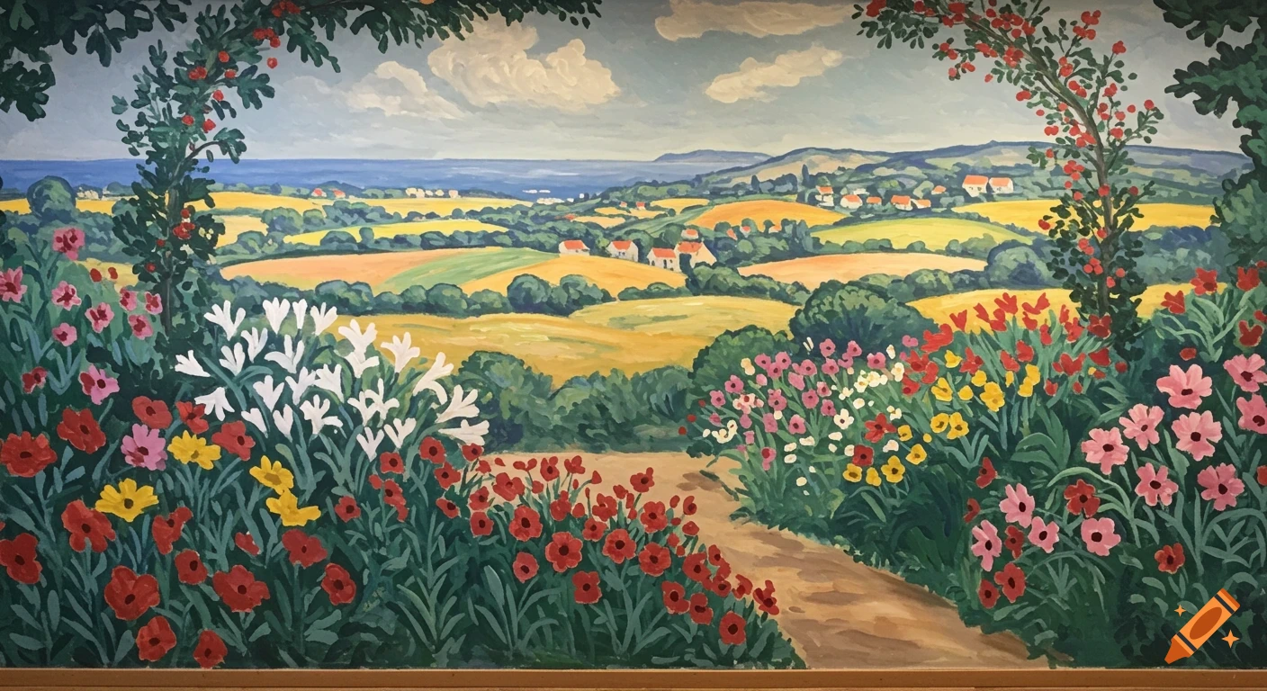 Vibrant painting in the style of Henri Matisse showing a garden path through colorful flowers leading to a landscape of fields, hills, and the sea.