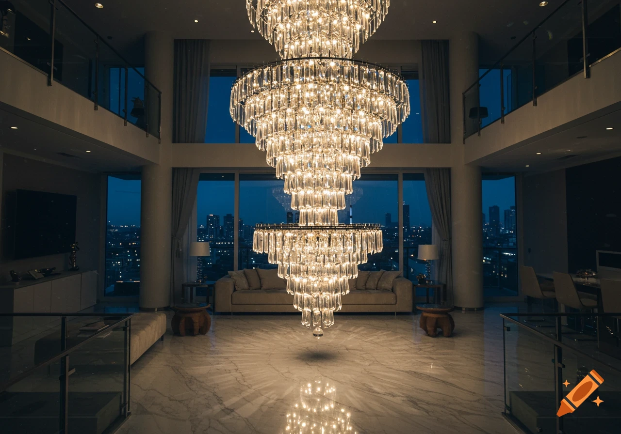 A grand multi-tiered crystal chandelier hangs in a modern, luxurious room with marble floors and large windows overlooking a city at night.