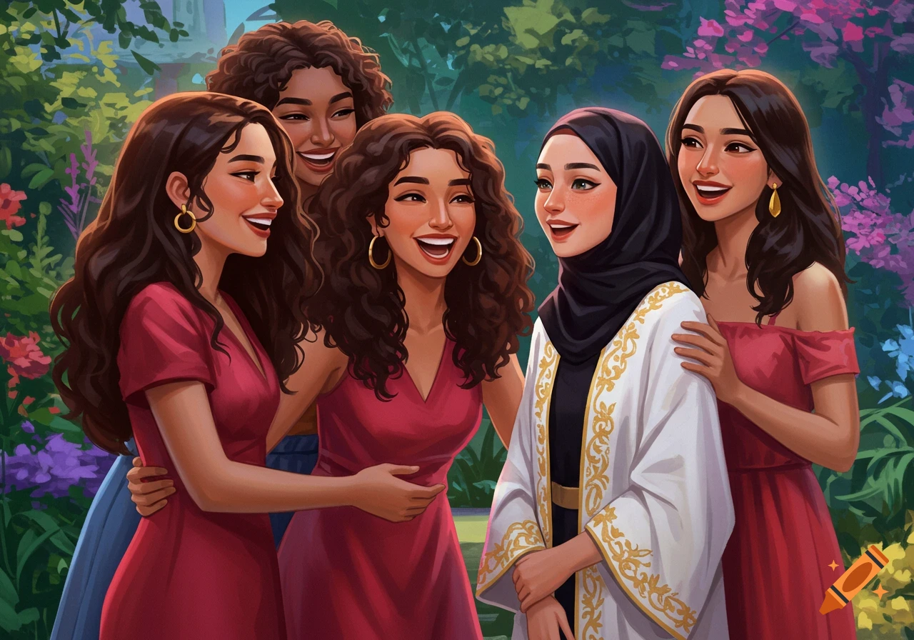 Five diverse young women smiling and laughing together in a vibrant, lush garden, depicted in a stylized illustration.