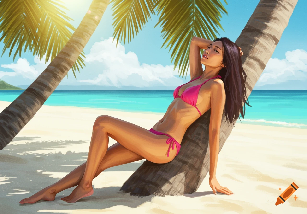 An illustrated woman in a pink bikini relaxing on a sunny beach, leaning against a palm tree with the ocean in the background.