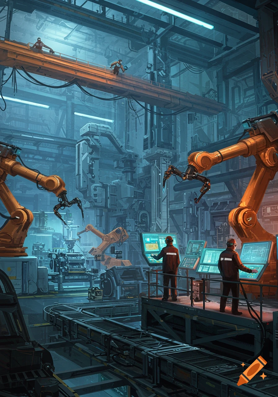 A vast, bustling industrial factory with large robotic arms, conveyor belts, and human workers monitoring complex machinery under blue-tinted lights.