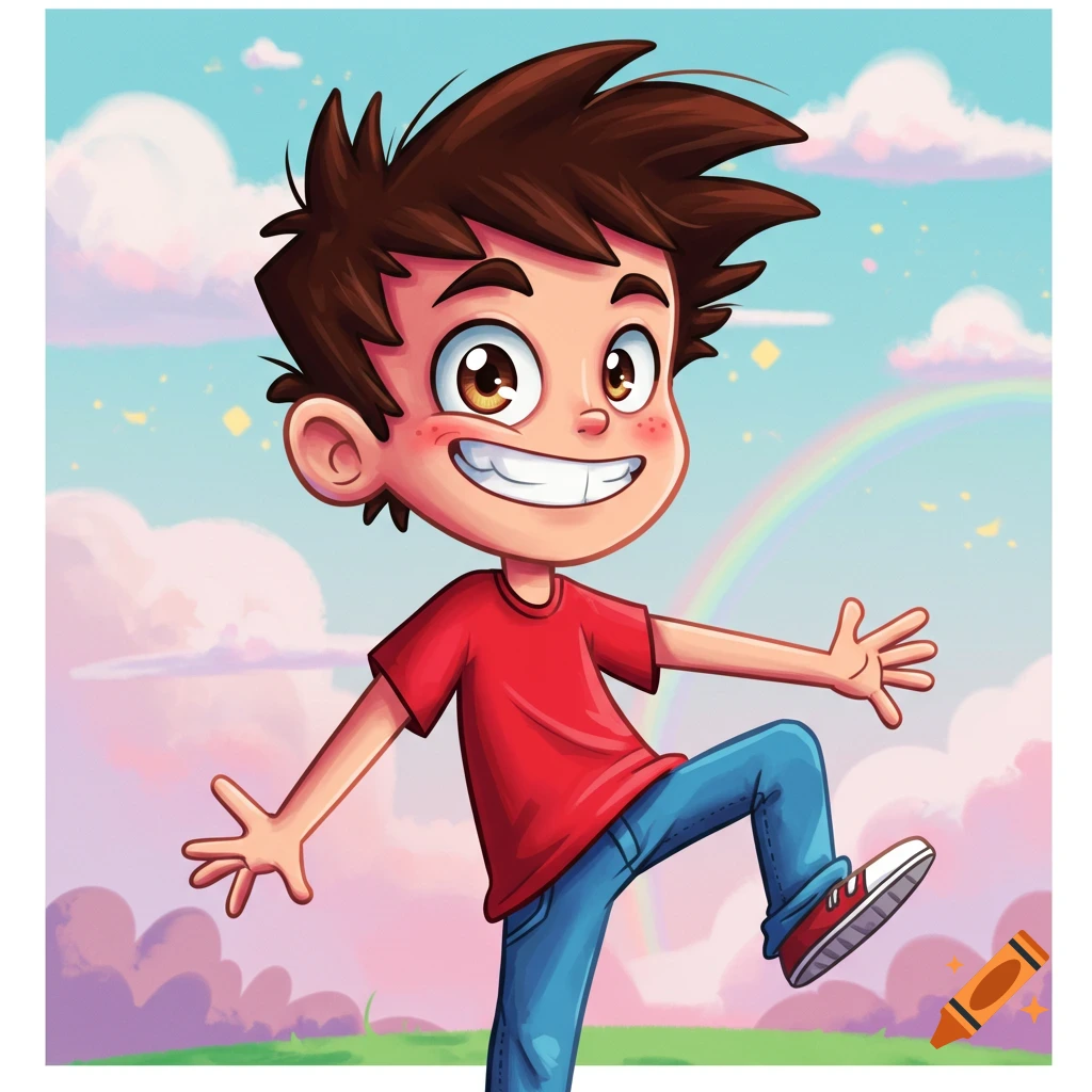 A smiling cartoon boy in a red shirt and blue jeans, arms outstretched, lifting one leg, against a blue sky with pink clouds and a rainbow.