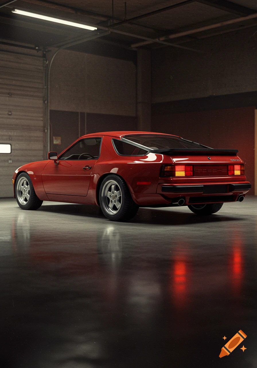 A red 1982 Porsche 928 is parked on a glossy floor in a dim garage with a large roll-up door.