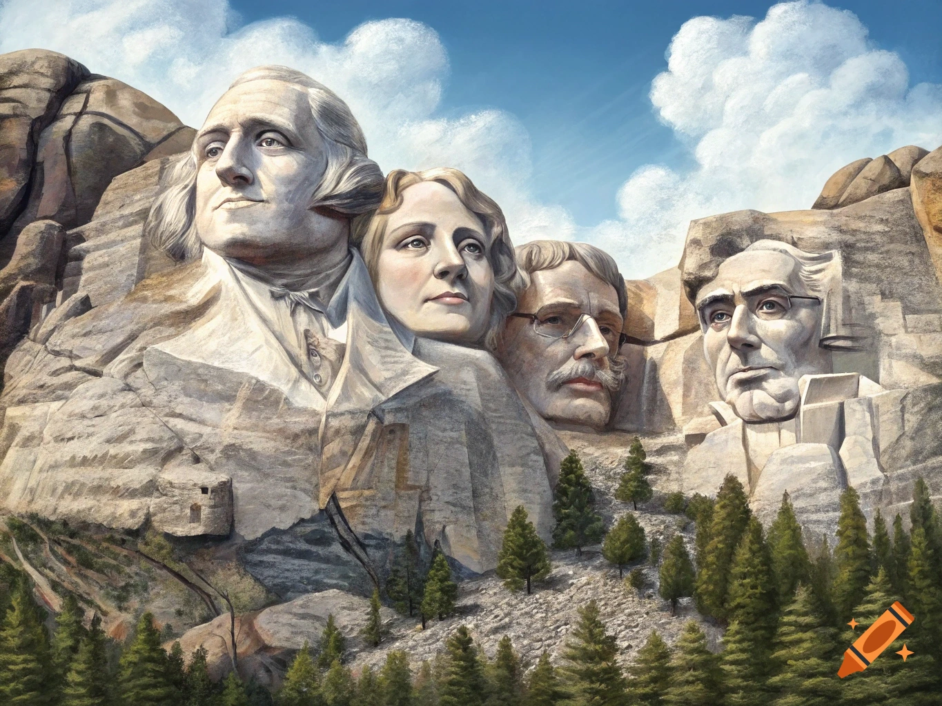An artistic depiction of Mount Rushmore, featuring the carved faces of George Washington, Ruth Bader Ginsburg, John Paul Stevens, and Earl Warren.
