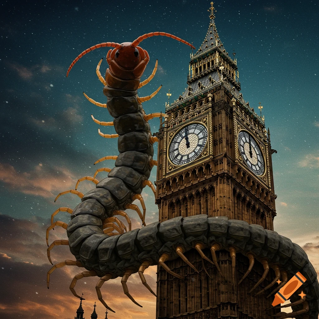 A giant, monstrous centipede wraps its segmented body around the Big Ben clock tower under a dark, starry sky.