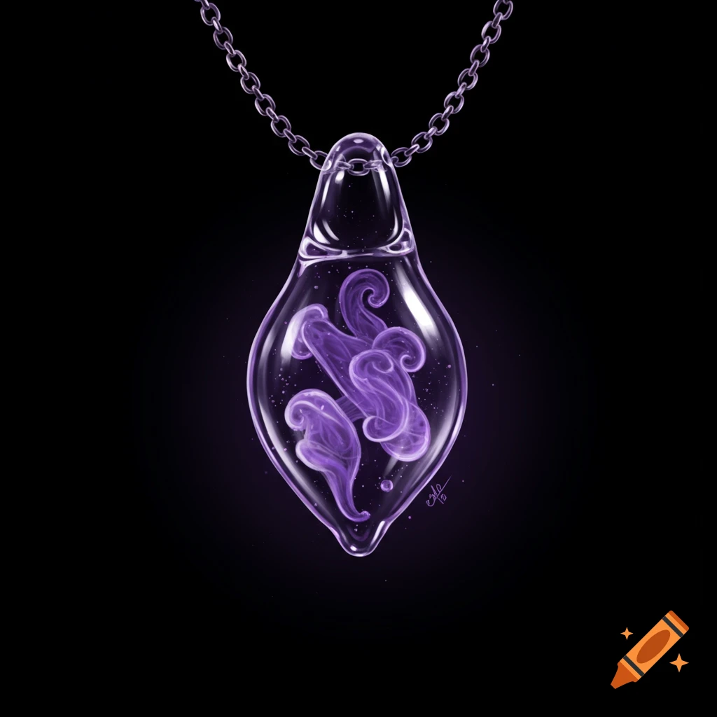 A clear glass necklace pendant containing swirling purple mist, set against a dark background.