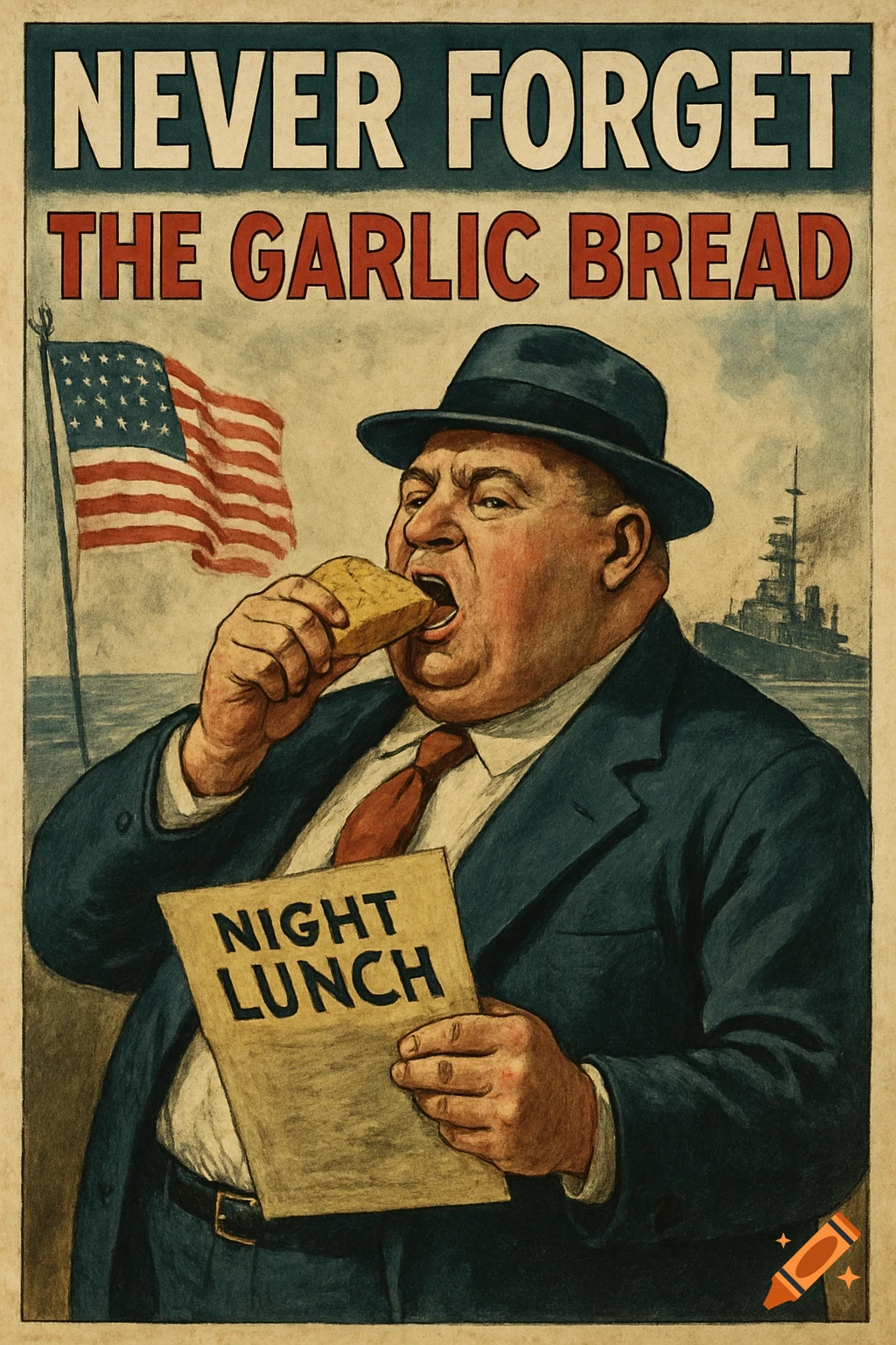 Vintage propaganda poster with a man eating garlic bread, an American flag, a battleship, and text "Never Forget the garlic bread" and "Night Lunch".