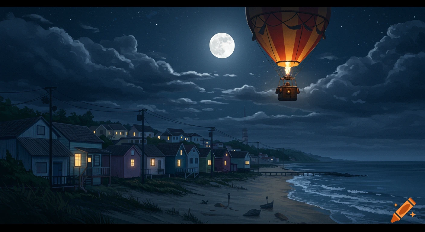 A hot air balloon floats over a beach town at night under a full moon, with lights glowing in houses.