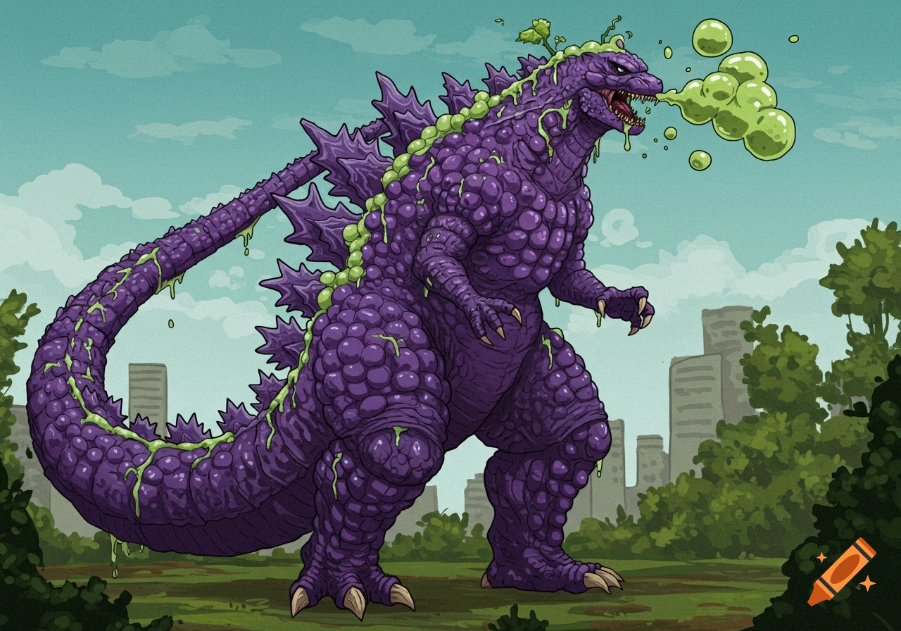 Purple, grape-textured Godzilla spits green goo in a cartoon style, standing in a city with trees and buildings.