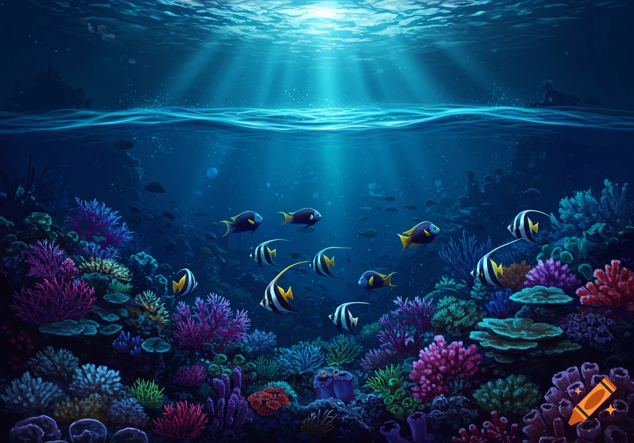 Sunlight streams into calm tropical water, illuminating a vibrant coral reef teeming with colorful tropical fish.