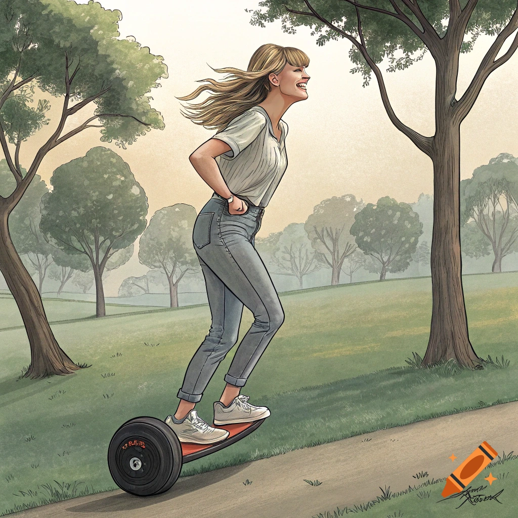 Taylor Swift with blonde hair and a white shirt rides a one-wheeled board on a paved path through a grassy park with trees, in an illustrated style.