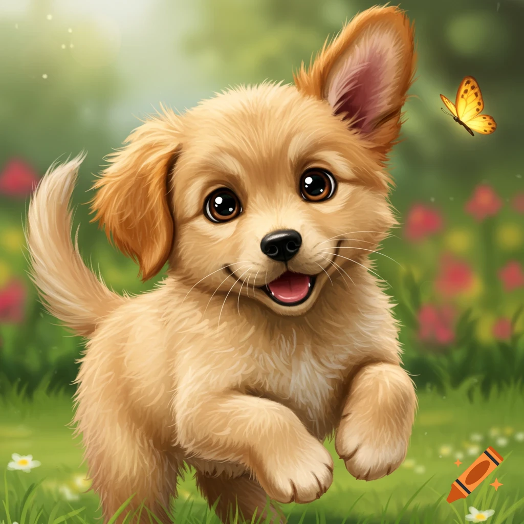 Fluffy golden-brown puppy with big eyes and one ear flopped, running through a green field with flowers and a butterfly, cartoon style.