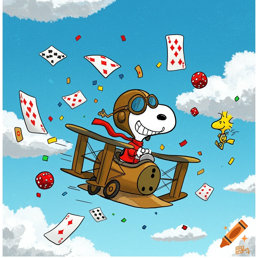 Snoopy the Flying Ace flies a biplane through a blue sky with white clouds, surrounded by scattered playing cards, red dice, and colorful confetti. Woodstock flies alongside him.