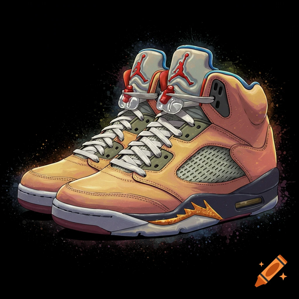 An illustration of a pair of orange and grey Air Jordan 5 sneakers with white laces on a black background with colorful paint splatters.