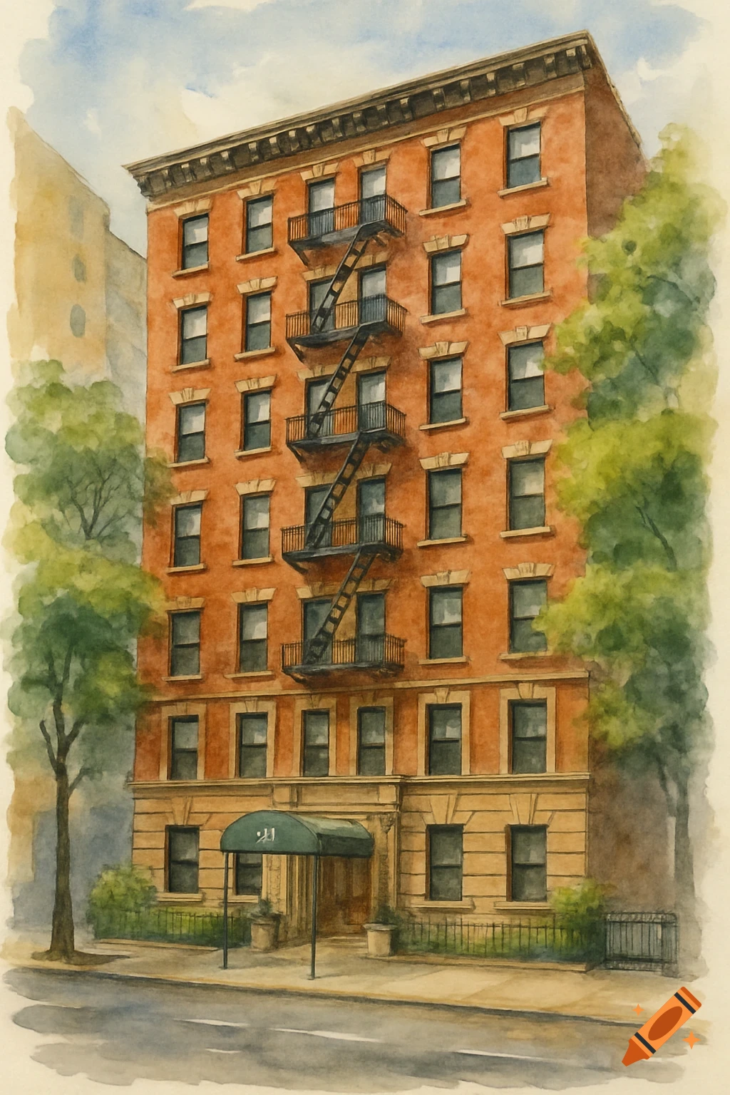 A watercolor painting of an old brick building with fire escapes, a green awning, and trees on a street.