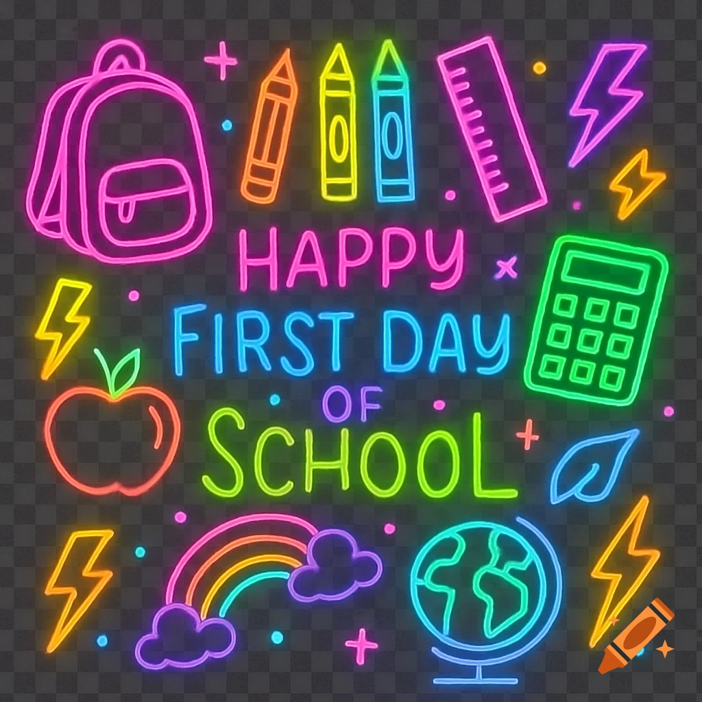 Vibrant neon doodle art with 'Happy First Day of School' text, backpack, crayons, ruler, and other school icons on a transparent background.