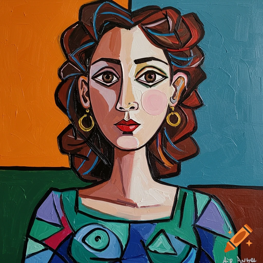A cubist-style painting of a woman with brown hair, red lips, and large eyes, against an orange and blue background.