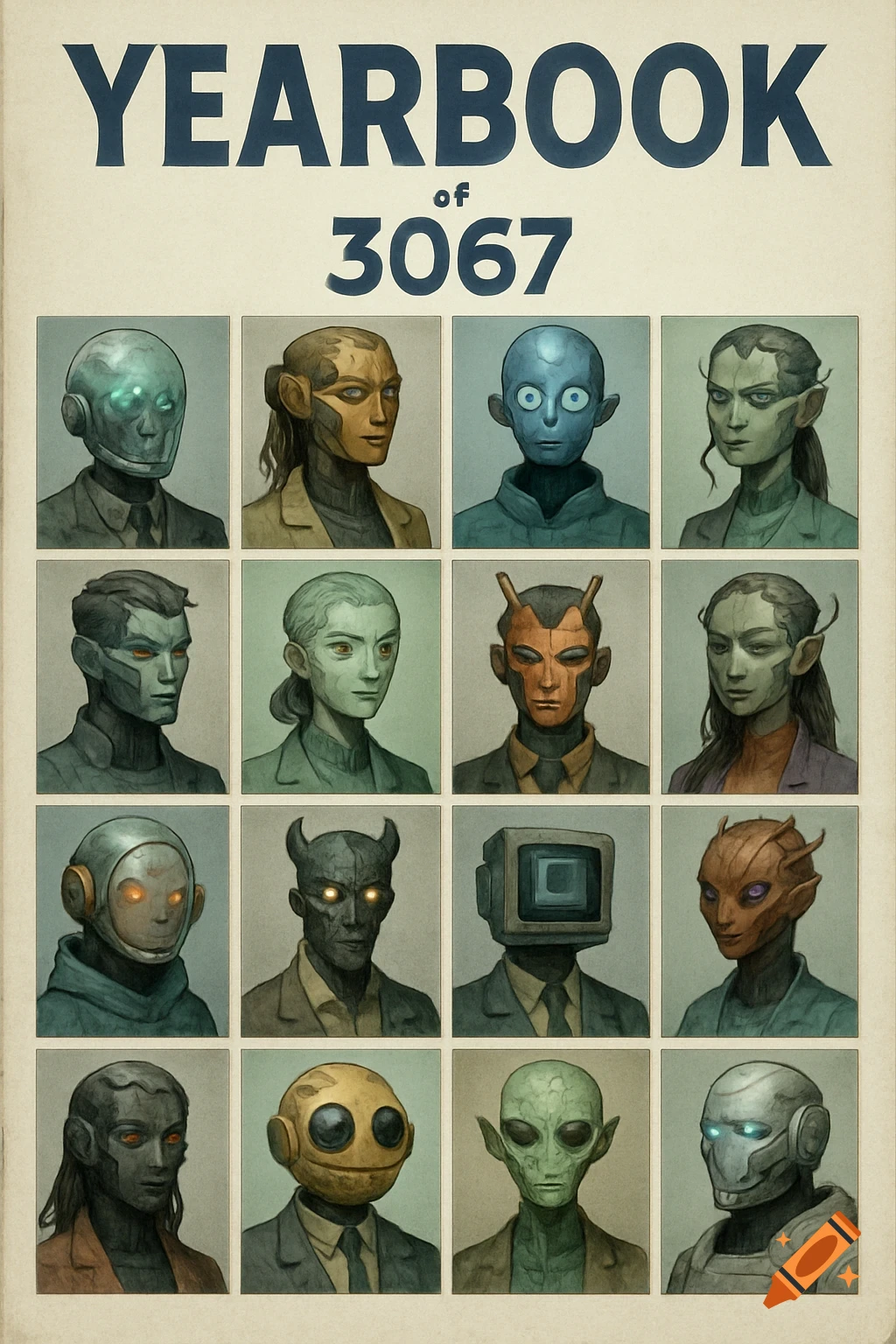 A retro-futuristic yearbook cover for 'YEARBOOK of 3067' showing a grid of unique alien, robotic, and creature portraits.