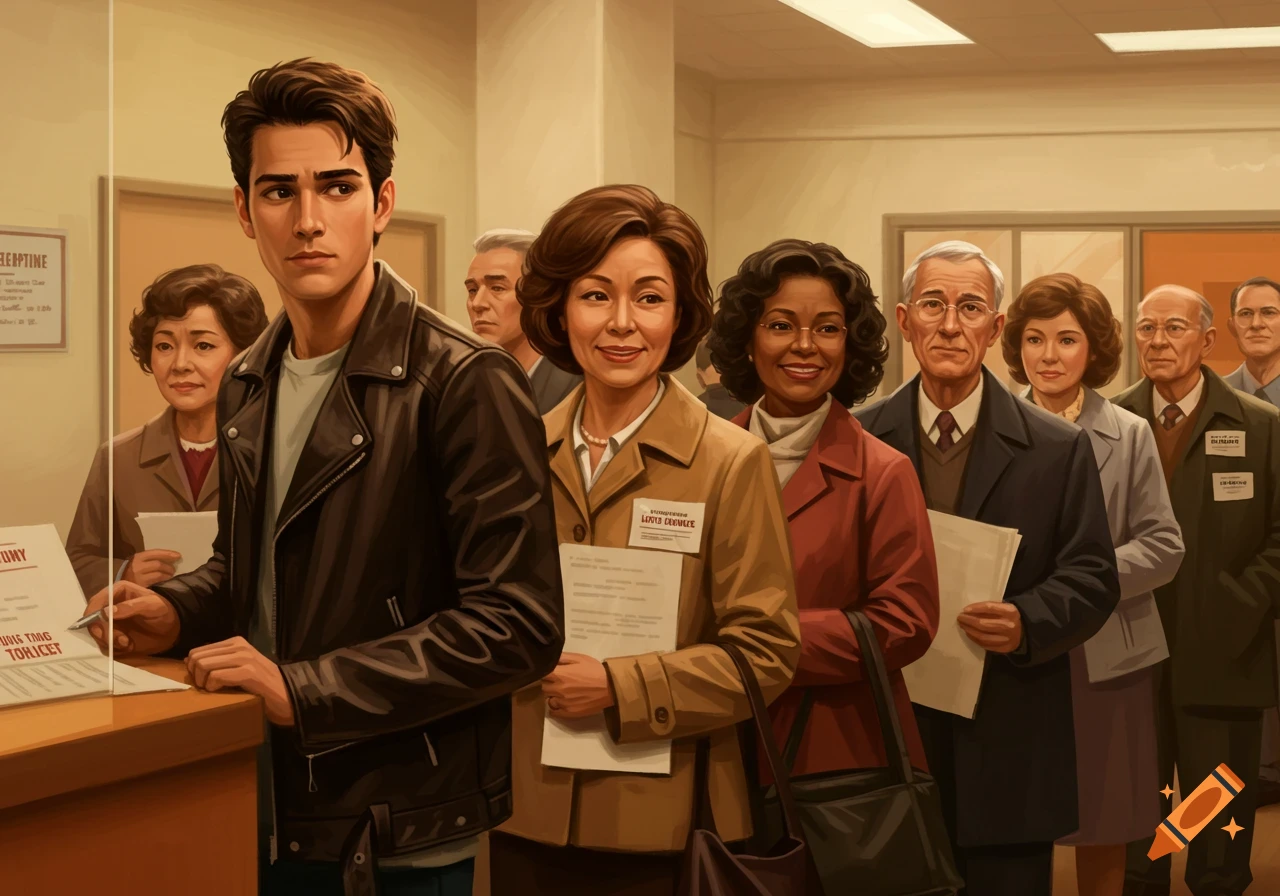 A group of diverse people stand in line in an office, some holding papers, one man signs a document.
