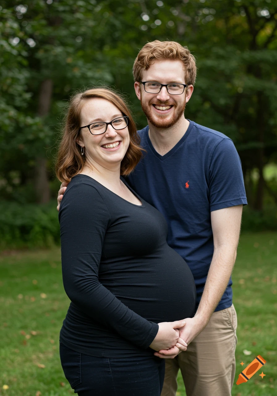 A smiling pregnant woman in a black shirt and a man with glasses embracing outdoors in a park.