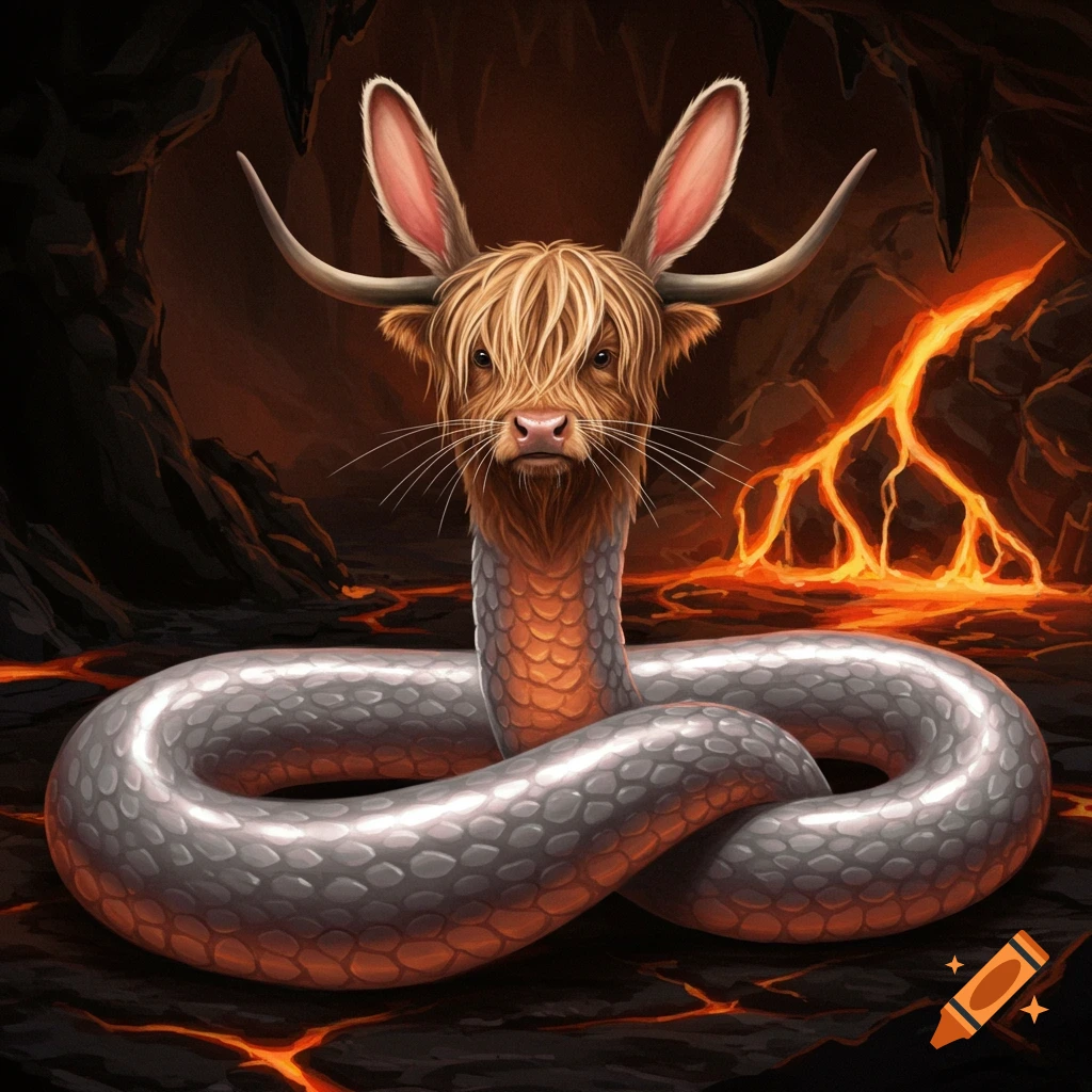 A fantastical creature with a shaggy Highland cow head, rabbit ears, and a silvery snake body, coiled in a fiery volcanic cave.