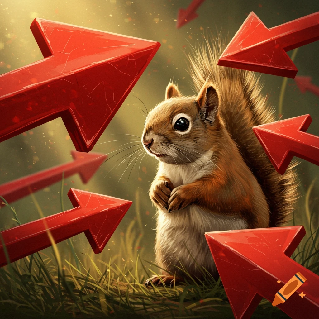 A cute squirrel stands in grass, surrounded by several large, shiny red arrows pointing upwards, in a dramatic, illustrative style.
